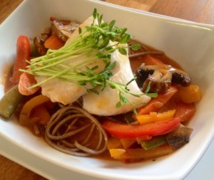 Pan Seared Halibut, Veggies And Soba Noodles Over Red Curry Broth